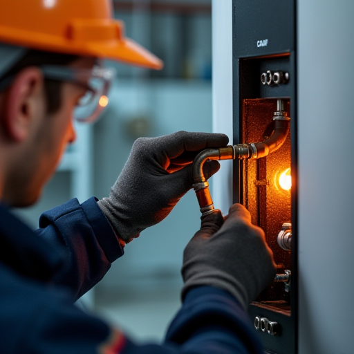 Profesyonel bir HVAC teknisyeni, bir kazanının brülörünü ve ateşleme sistemini kontrol ediyor.