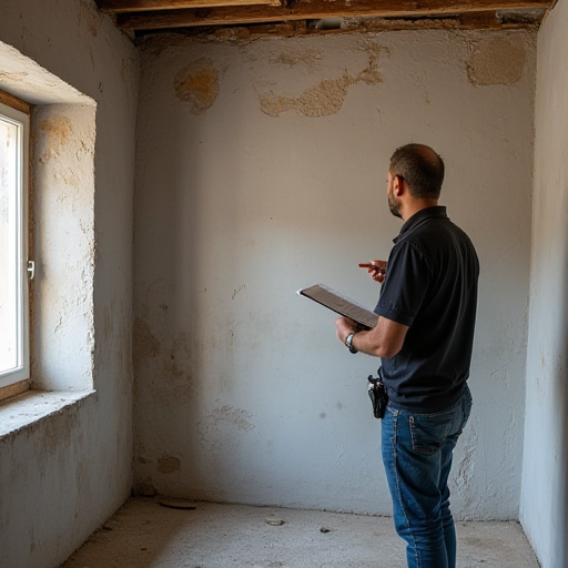 Mühendis, binanın yapısını inceliyor.