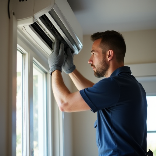 Bir teknisyen, bir ev ortamında klima montajı yapıyor.