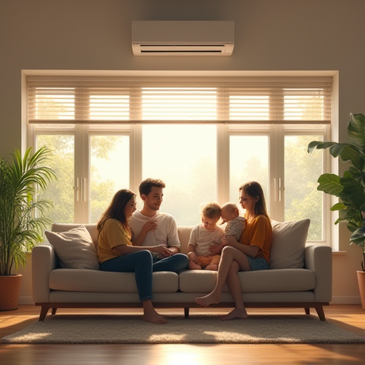 Bir ailenin, klima bulunan serin bir oturma odasında dinlenmesi.
