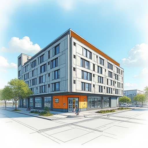 Modern bir ofis binasının, klima üniteleri vurgulanmış mimari çizimi.