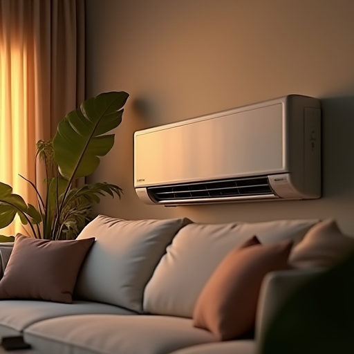 Sıcak aydınlatma, rahat bir koltuk ve modern bir klima ünitesi bulunan, samimi bir oturma odası.