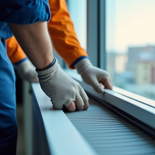 Teknisyen, yüksek yoğunluklu bir binadaki havalandırma deliklerini kapatıyor.