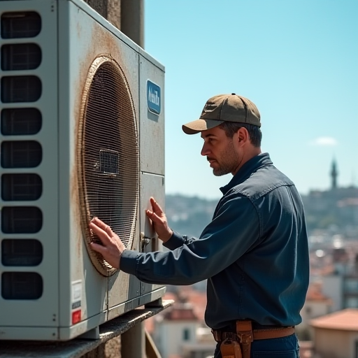 İstanbul'un rüzgarlı bir bölgesinde, bir teknisyen bir klima ünitesini kontrol ediyor.