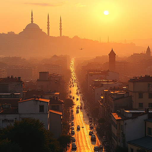 Sıcak bir yaz gününde hareketli İstanbul şehir manzarası.