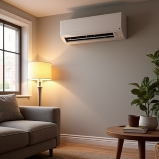 Rahat bir oturma odasında bulunan modern inverter klima.