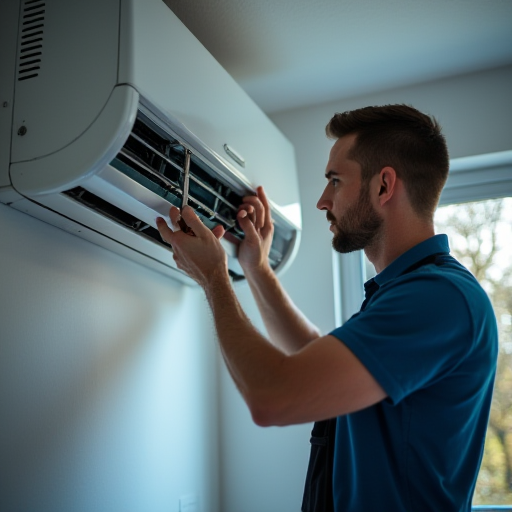 Bir kişinin klima ünitesini temizlediği.