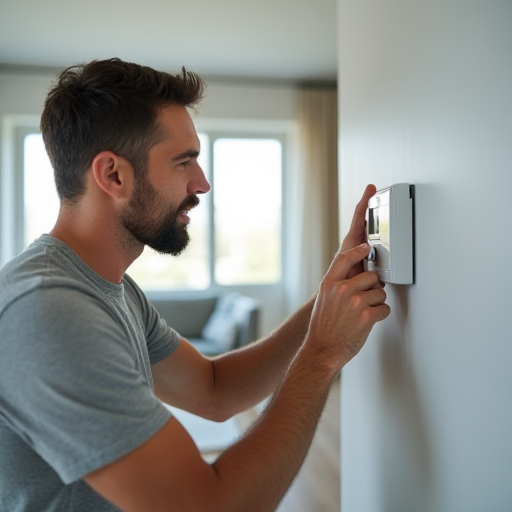 Bir adamın, bir klima ünitesinin termostatını ayarladığı.