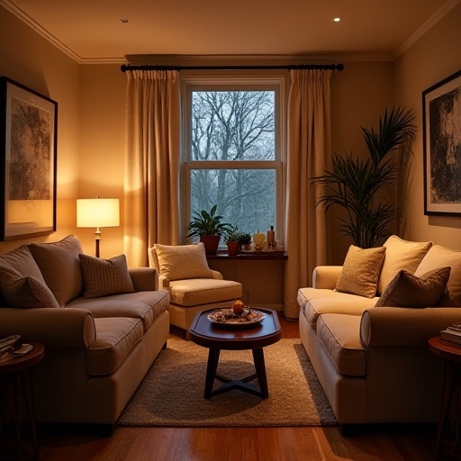 Sıcak aydınlatmalı, rahat bir oturma odası.