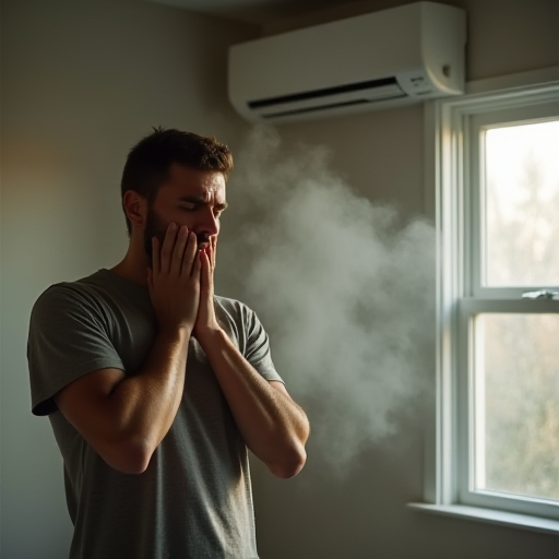 Nemli bir odada, klima bulunan bir ortamda terleyen bir kişi.