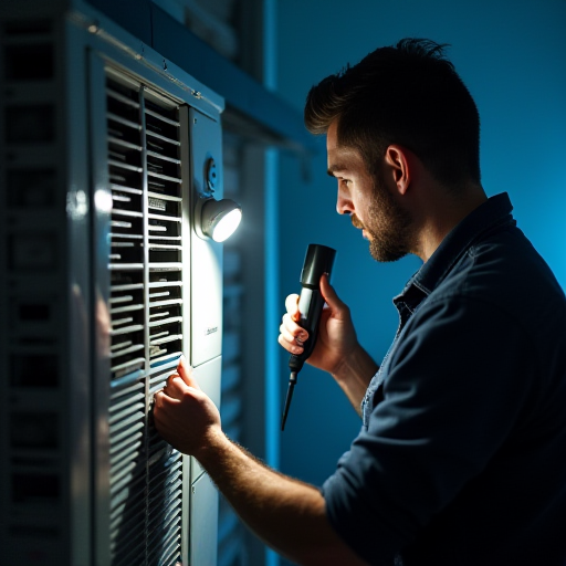 Klima teknisyeni, buharlaştırıcı bobinlerini kontrol ediyor.