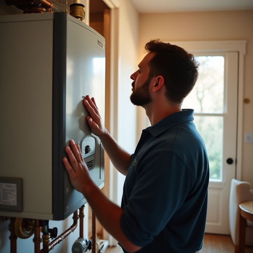 Bir teknisyenin bir kazanı kontrol etmesi.