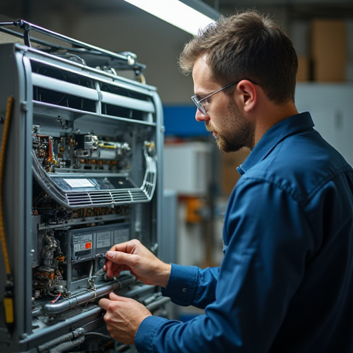 Bir teknisyen, bir atölyede klima parçalarını inceliyor.