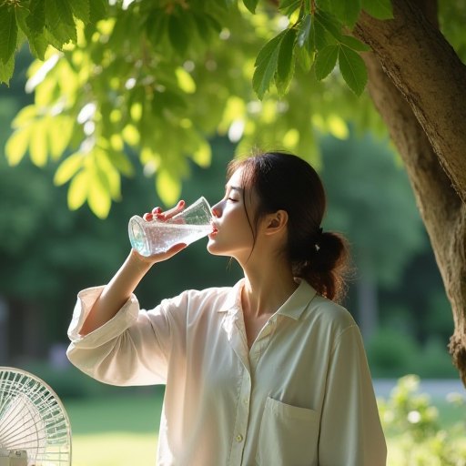 Bahçede, yakındaki bir vantilatörün yakınında, susuz kalmamaya özen gösteren bir kişi.