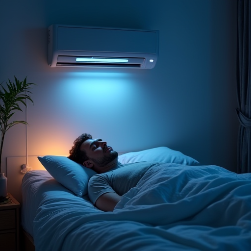 Klima bulunan, serin bir yatak odasında rahat bir şekilde uyuyan bir adam.