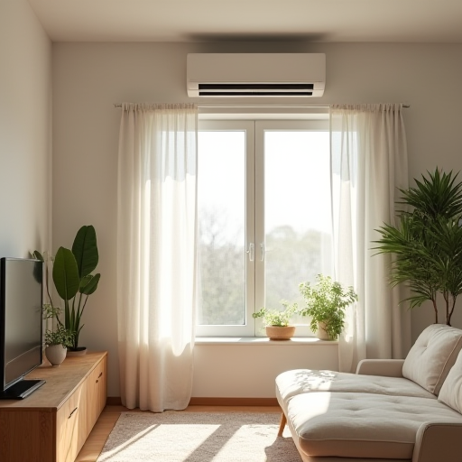 Güneş ışığı alan bir oturma odasında modern bir klima.