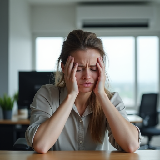 Klima nedeniyle kurumaşmış bir ofis ortamında rahatsızlık hisseden bir kadın.