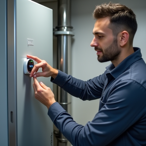 Bir teknisyen, termostatı kontrol ediyor.