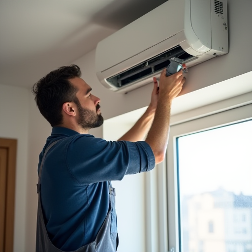 Profesyonel bir HVAC teknisyeni klima montajı yapıyor.