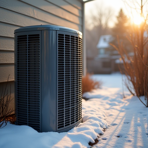 Kış mevsiminde, arka bahçede bulunan, ısı pompasına sahip modern klima ünitesi.