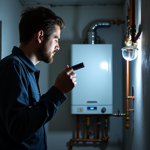 Teknisyen, kazanda kaçak olup olmadığını kontrol ediyor.