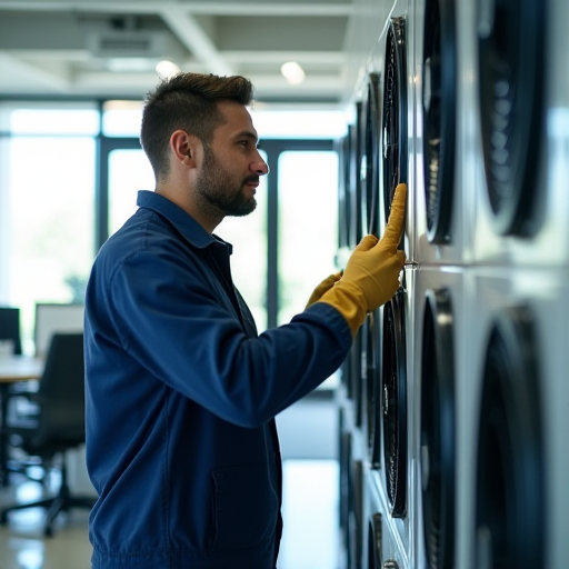 Teknisyen, soğutucu ünitenin kablolarını temizliyor.