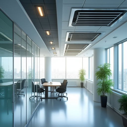 Modern ofis, gelişmiş bir havalandırma sistemine sahip.