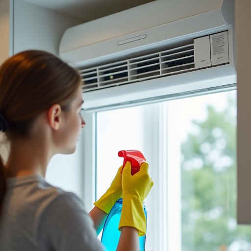 Hava kondisyonu filtrelerini bir sprey şişesiyle temizleyen kişi.