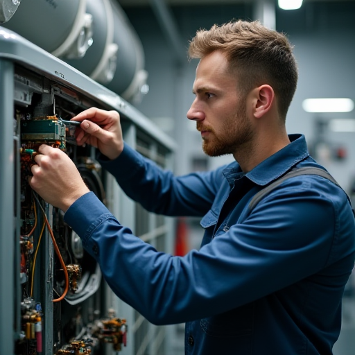Bir teknisyen, bir klima ünitesi üzerinde çalışıyor.