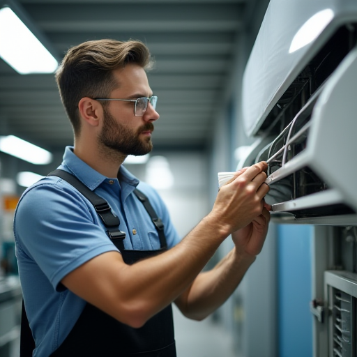 Bir adam, bir fırça kullanarak bir klima filtresini temizliyor.