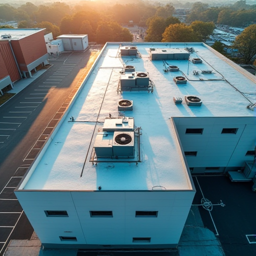 Çatıya monte edilmiş HVAC ünitelerine sahip, modern bir hastanenin havadan çekilmiş görüntüsü.