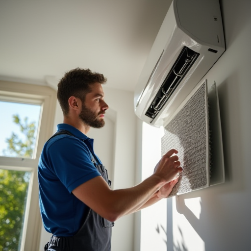 Teknisyen, hava filtrelerini temizliyor.