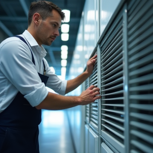 Bir teknisyen, bir hava perdesi üzerinde bakım yapıyor.