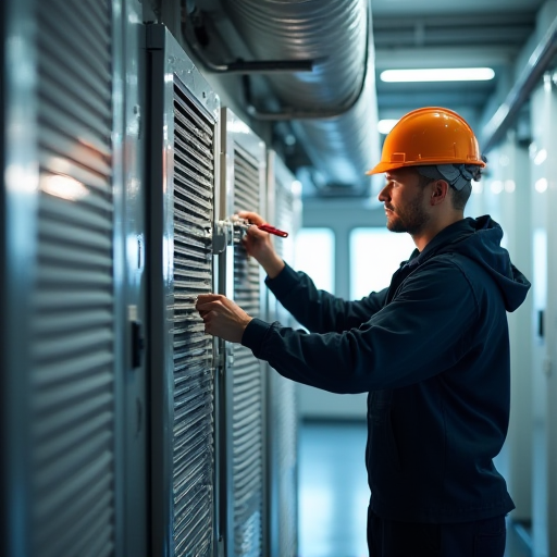 Bir teknisyen, endüstriyel bir havalandırma sisteminin bakımını yapıyor.