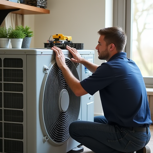 Bir teknisyen, bir klima cihazını kontrol ediyor.