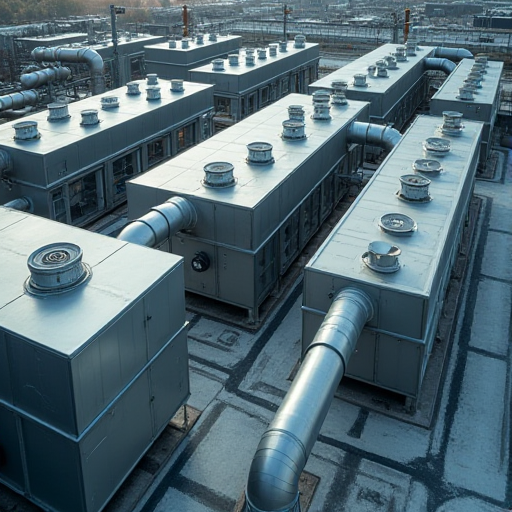 Havadan çekilmiş, havalandırma sistemlerine sahip bir endüstriyel tesisin görüntüsü.