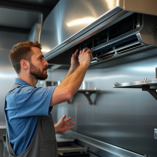 Bir HVAC teknisyeni, bir restorantın mutfağında ticari bir split klima sistemi kuruyor.