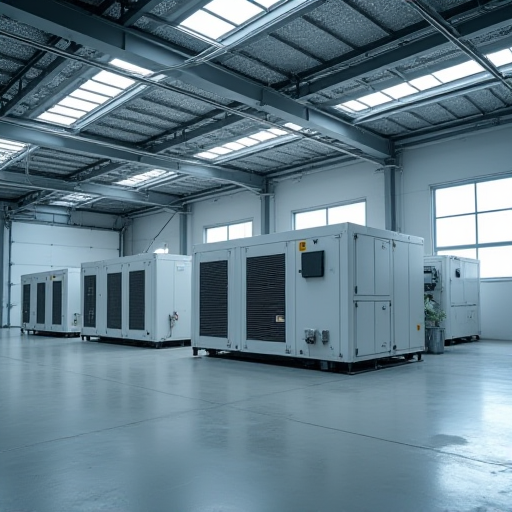 Aydınlık ve temiz bir endüstriyel depoda bulunan modern klima üniteleri.