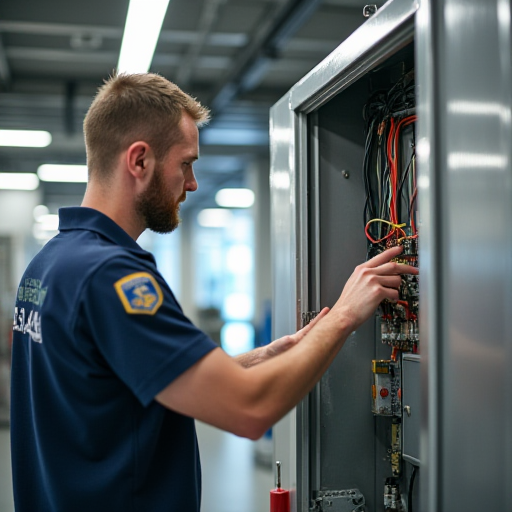Bir teknisyen, bir hava perdesinin güç kaynağını ve bağlantılarını kontrol ediyor.