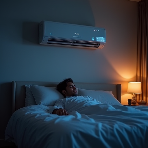 Klima bulunan, serin ve rahat bir yatak odasında uyuyan bir kişi.