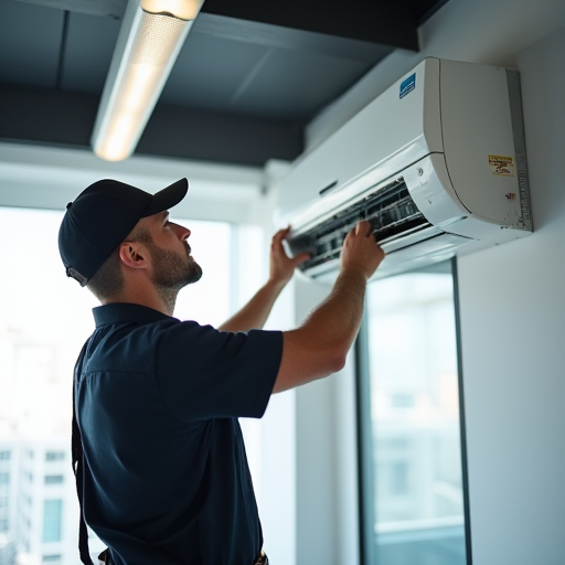 HVAC teknisyeni, split sistem klima cihazı montajı yapıyor.