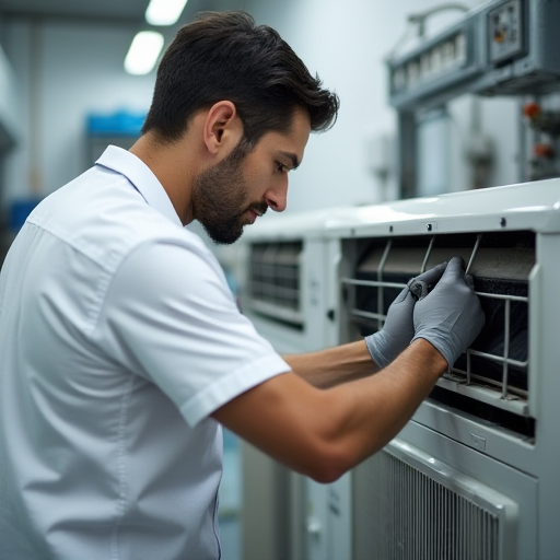 Temiz bir atölyede bir klima ünitesi üzerinde çalışan bir teknisyen.