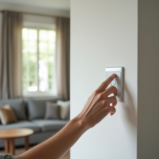 Modern bir oturma odasında, bir kişinin termostatı ayarladığı.