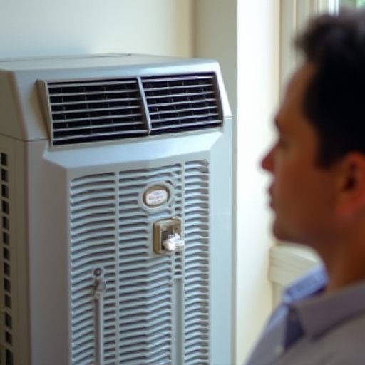 Modern etiketlere sahip bir klima ünitesinin yanında bulunan bir kişi.