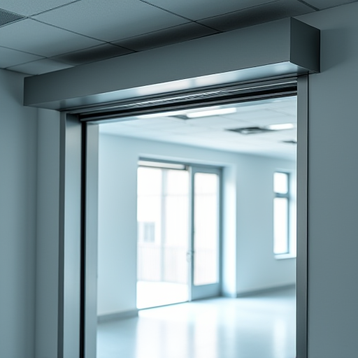 Bir ticari alanda, bir kapının üzerinde modern bir hava perdesi takılmıştır.