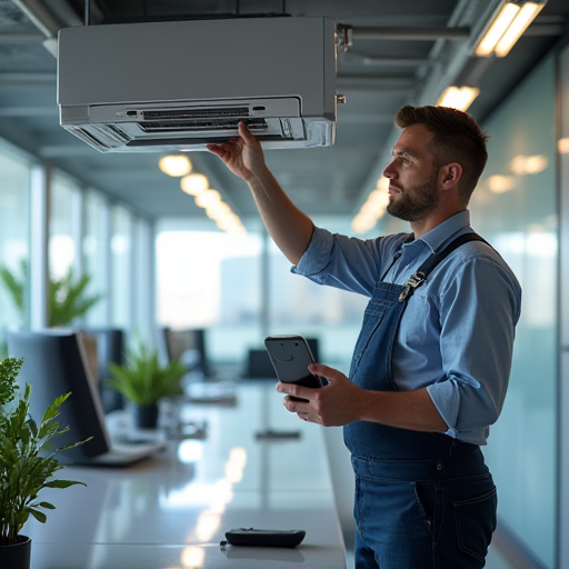 HVAC teknisyeni, bir şirket ofisinde iklim kontrol sistemi kurulumu yapıyor.