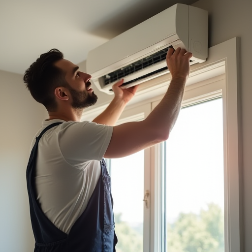 Modern bir evde klima montajı yapan bir teknisyen.