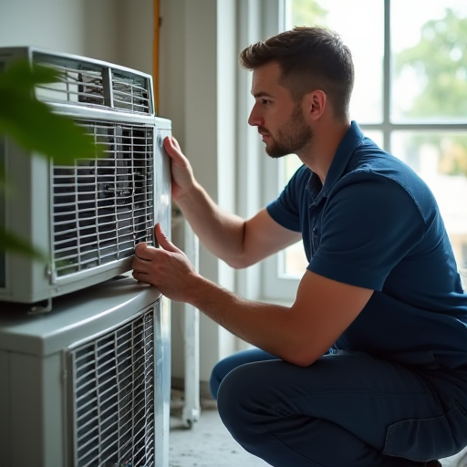 Bir teknisyen, bir klima ünitesini temizliyor.