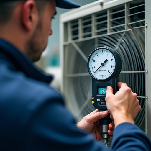 VRF klima sisteminde, teknisyen soğutucu akışkan seviyelerini kontrol ediyor.