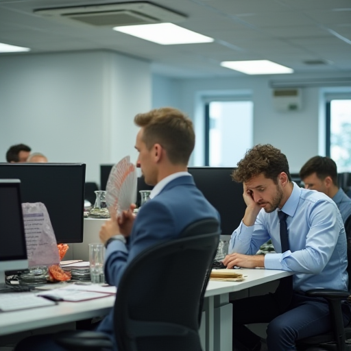 Ofiste, klima havalandırma girişi bulunan bir yerde, insanlar kendilerini vantilatörle serinletiyor.